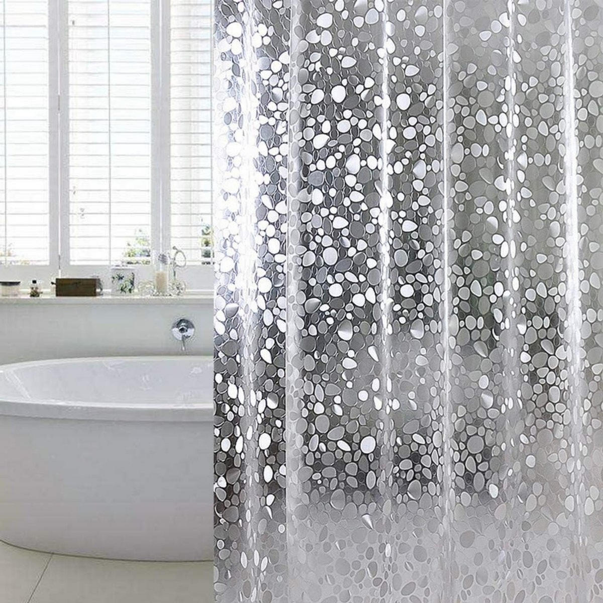 DUSCHVORHANG Transparent Kiesel Muster PEVA 120 x 180 cm schimmelresistent wasserdicht Ringe - Silberfarben/Weiß, Textil (120/180cm) - MCBOSON