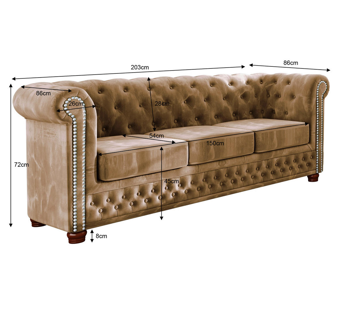 CHESTERFIELD-SOFA 3-sitzer Lauren Beige Samt - Beige/Braun, Holz/Textil (203/72/86cm) - S-Style Möbel