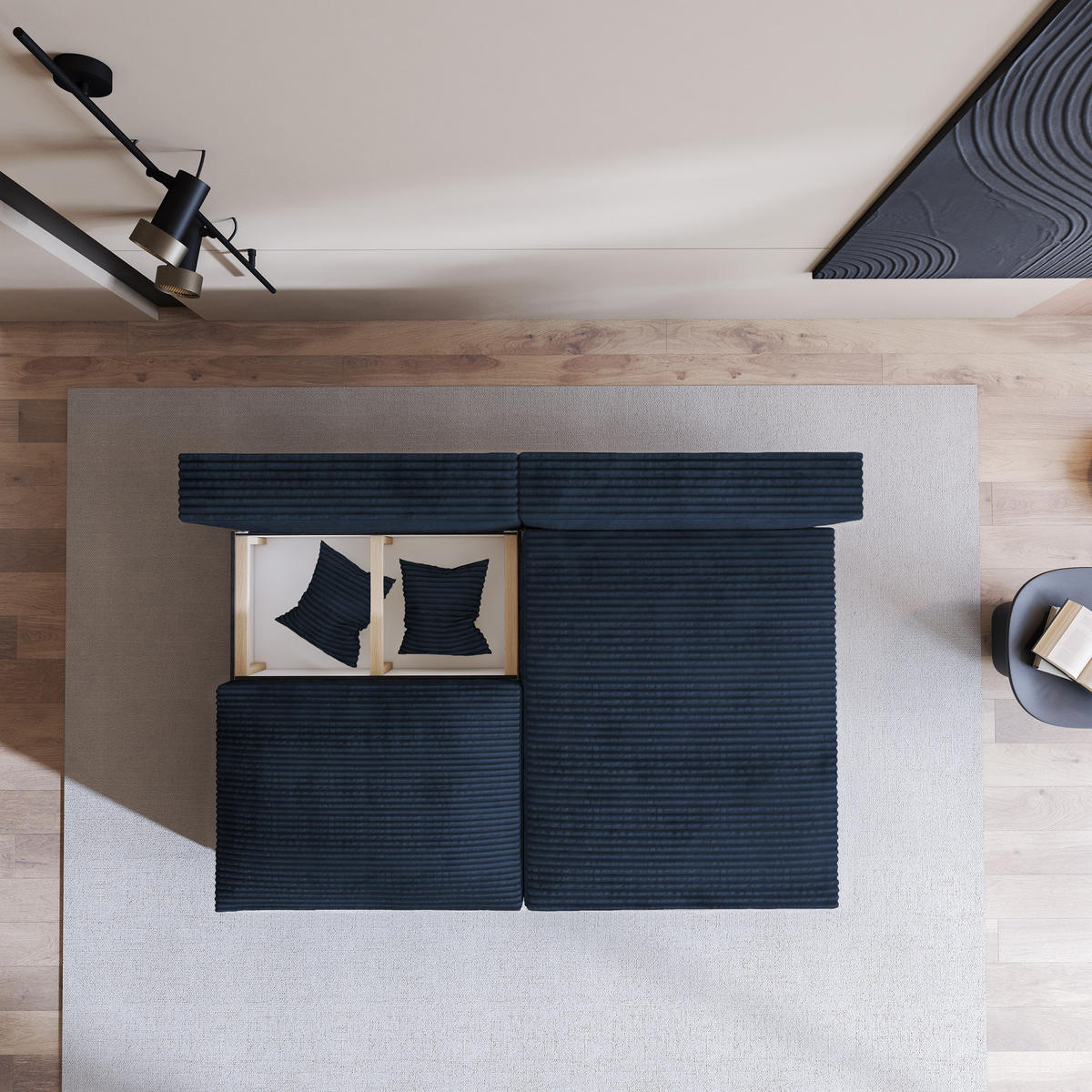 ECKSOFA FIORO Blau Kordstoff mit Schlaffunktion - Blau, Holz (204/148cm) - MASSENO