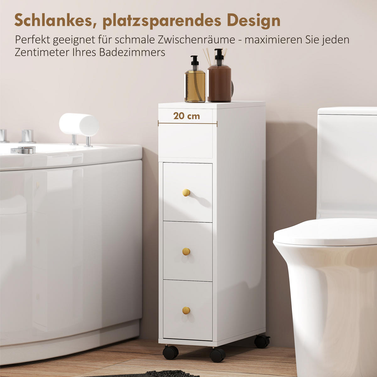 BADEZIMMERSCHRANK Schmal mit 4 Rollen, 3 Schubladen, 5 offenen Fächern, Weiß - Weiß, Holzwerkstoff (20/80/40cm) - HOMCOM