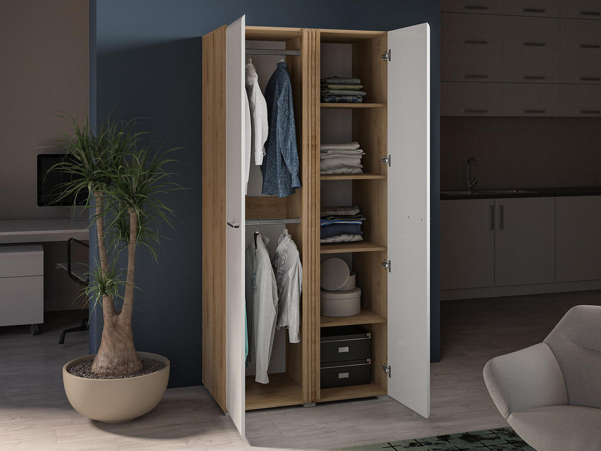 KLEIDERSCHRANK Adagio weiß hochglanz / Eiche castello 92 / 56 / 196cm - Weiß Hochglanz/Weiß, Holz/Holzwerkstoff (92/196/56cm) - Feldmann-Wohnen