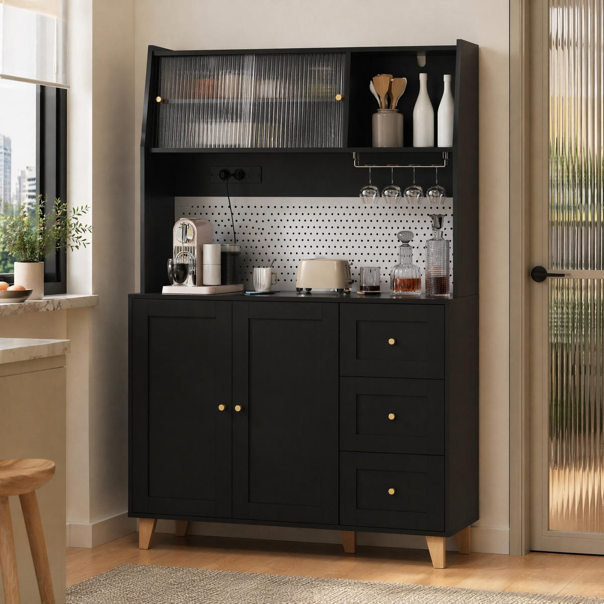HIGHBOARD in Schwarz Barschrank mit Weinglashaltern und Schubladen für Esszimmer und Küche, B120/T40/H184 cm - Schwarz/Naturfarben, Glas/Holz (120/184/40cm) - STILVORA