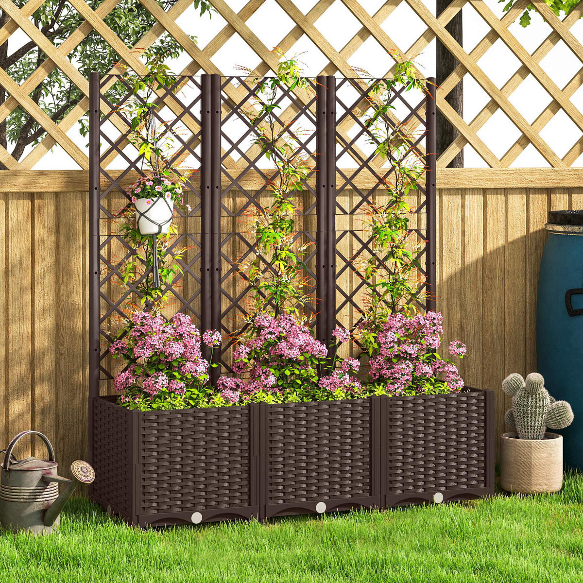 HOCHBEET DE-12208 mit Rankgitter 120/40/135 cm mit 8 Drainagelöchern Braun - Braun, Kunststoff (120/135/40cm) - ComfortXL