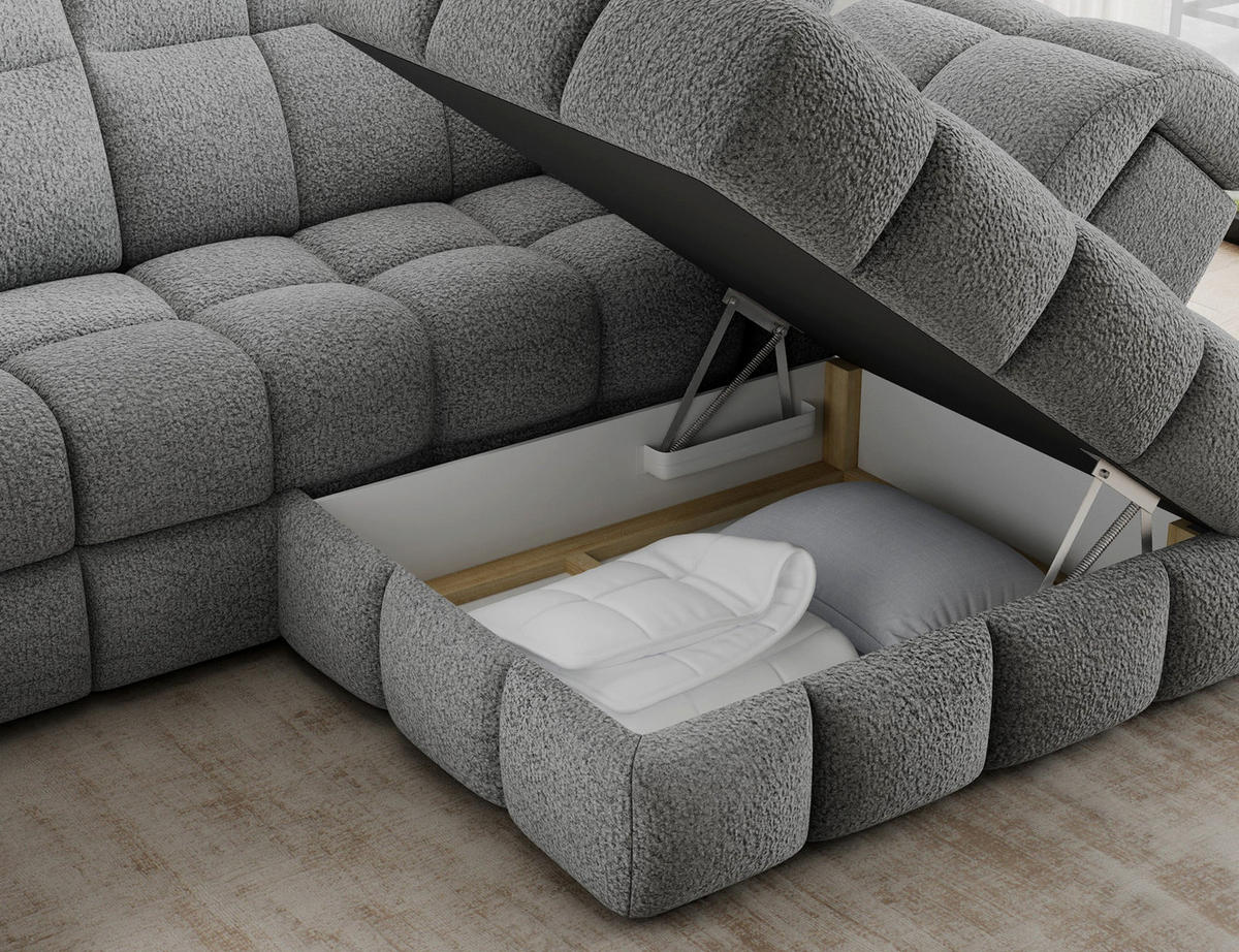 ECKSOFA Bronon mit Schlaffunktion und Bettkasten – Modernes Design, verstellbare Kopfstützen und verschiebbare Rückenlehnen - Grau, Kunststoff (296/109cm) - Wohnideebilder