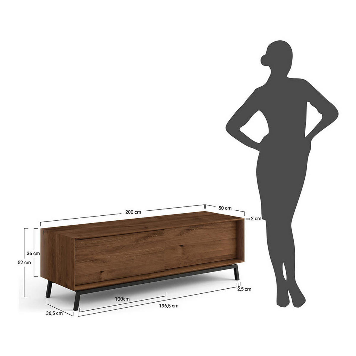 LOWBOARD Modern Loft Eiche Tabak 200 / 50 / 52cm - Eichefarben/Dunkelbraun, Holz (200/52/50cm) - Feldmann-Wohnen