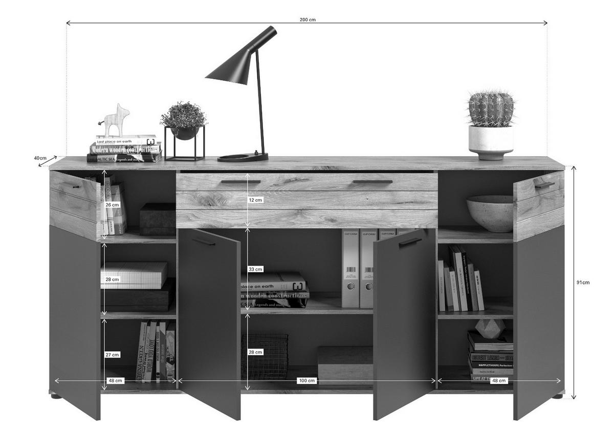 SIDEBOARD Eiche, grau 200 cm, KOMMODE mit Soft-Close, Wohn- und Esszimmermöbel - Eichefarben/Schwarz, Holzwerkstoff/Kunststoff (200/91/40cm) - Inn.Furn