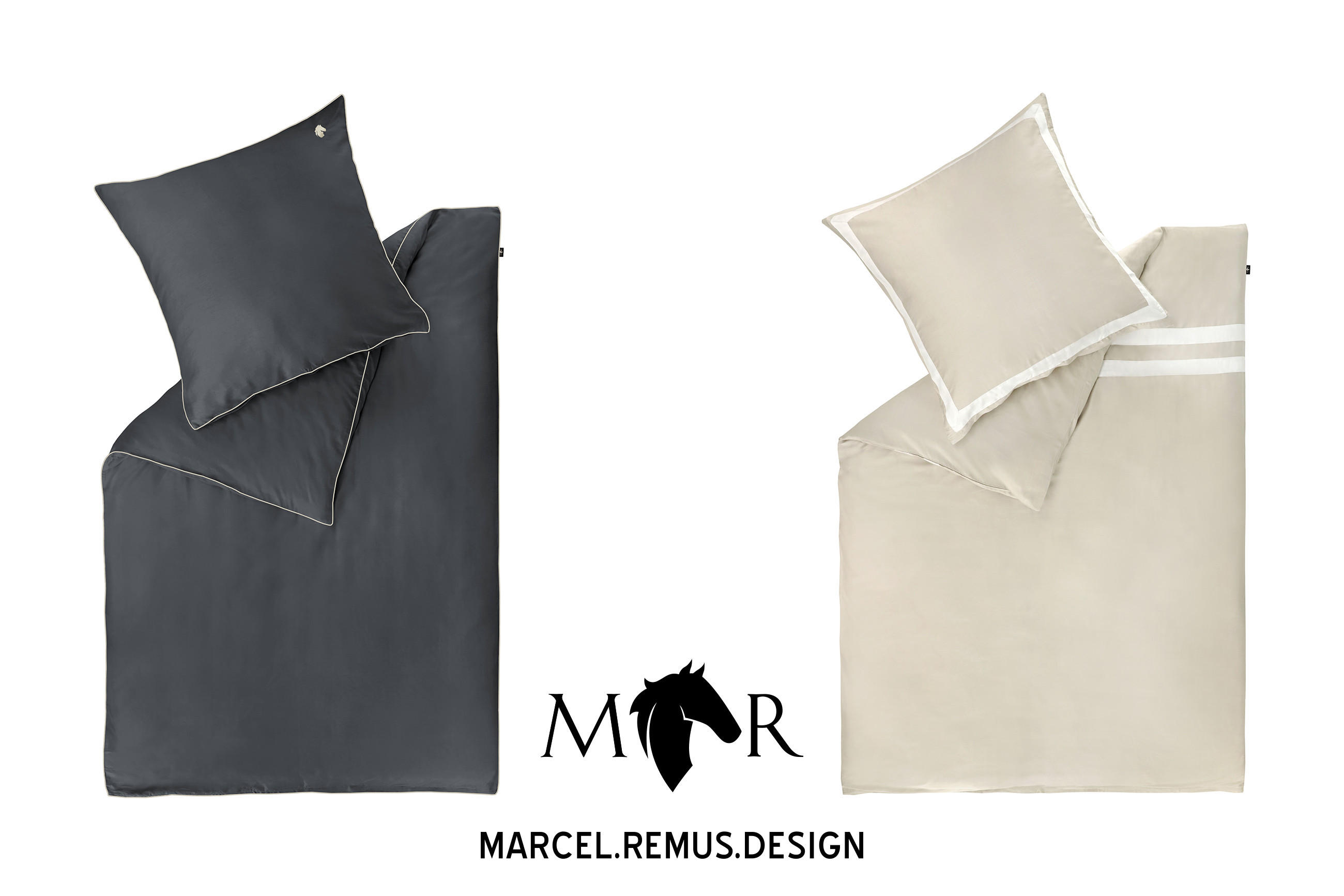 Zwei Bettwäsche-Sets von Marcel Remus Design: links dunkelgrau mit Kontrastnaht, rechts hellbeige mit weißen Querstreifen, darunter das Logo mit Pferdekopf und Schriftzug: ‚MARCEL.REMUS.DESIGN‘
