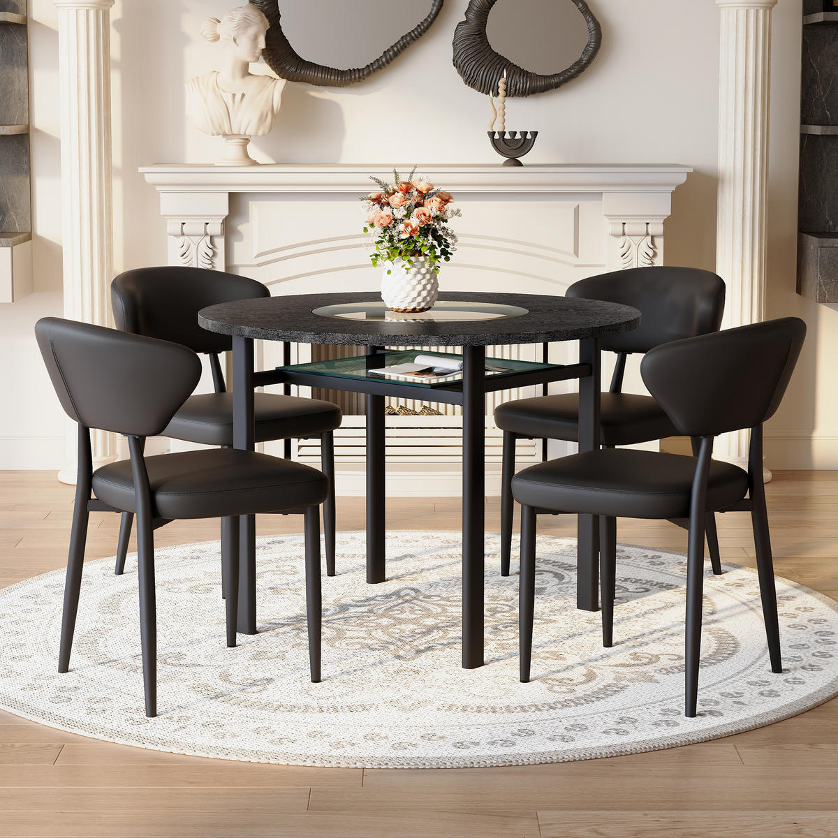 ESSGRUPPE DE-39376 5-teilig, mit 4 PU-Sesseln und Glasplatte Schwarz - Schwarz, Holzwerkstoff (100/76/100cm) - ComfortXL