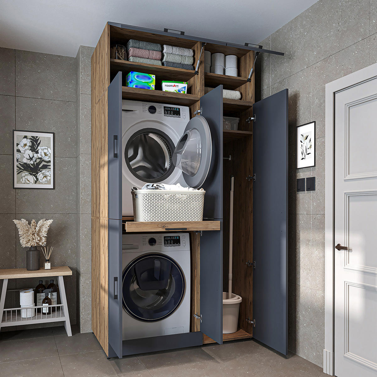 WASCHMASCHINENSCHRANK DORA-I 115cm Breit, 230cm Hoch - Anthrazit, Holzwerkstoff (115/230/73.8cm)