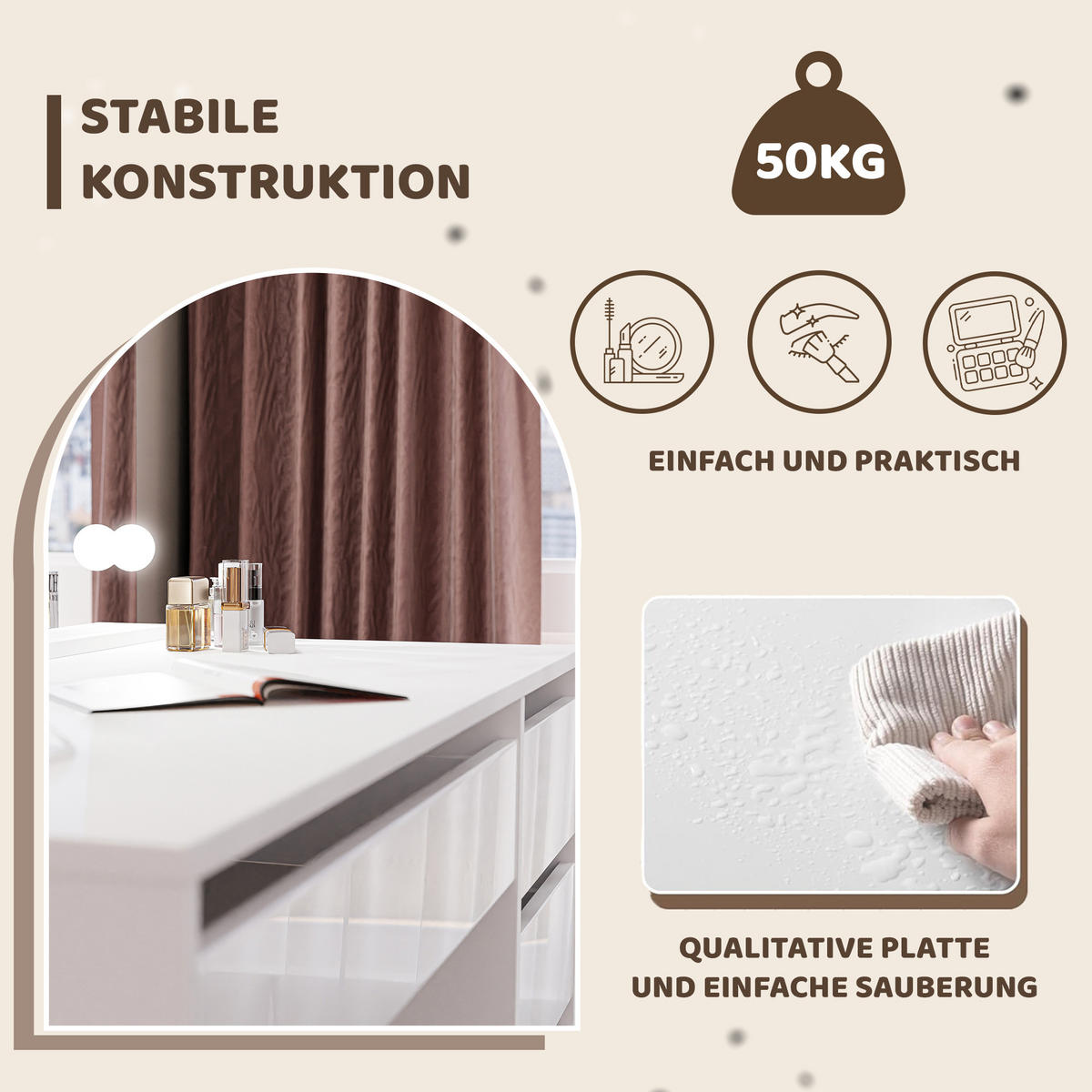 SCHMINKTISCH Bella Weiß Hochglanz 110 cm mit Spiegel und LED Beleuchtung - Weiß Hochglanz, Holzwerkstoff (110/77/55cm) - Idohome