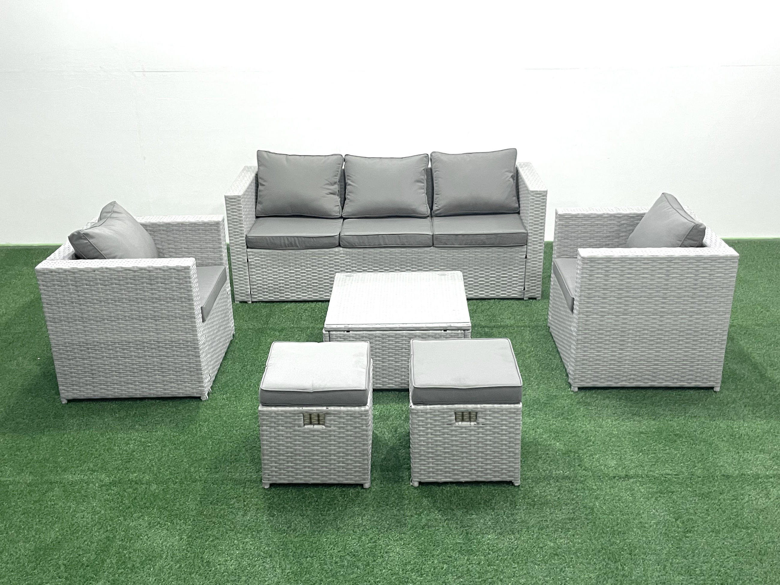 GARTENMÖBEL-SET mit Kissen Polyrattan Hellgrau-Mix 7-Sitzer - Hellgrau/Grau, Glas/Kunststoff - Fimous
