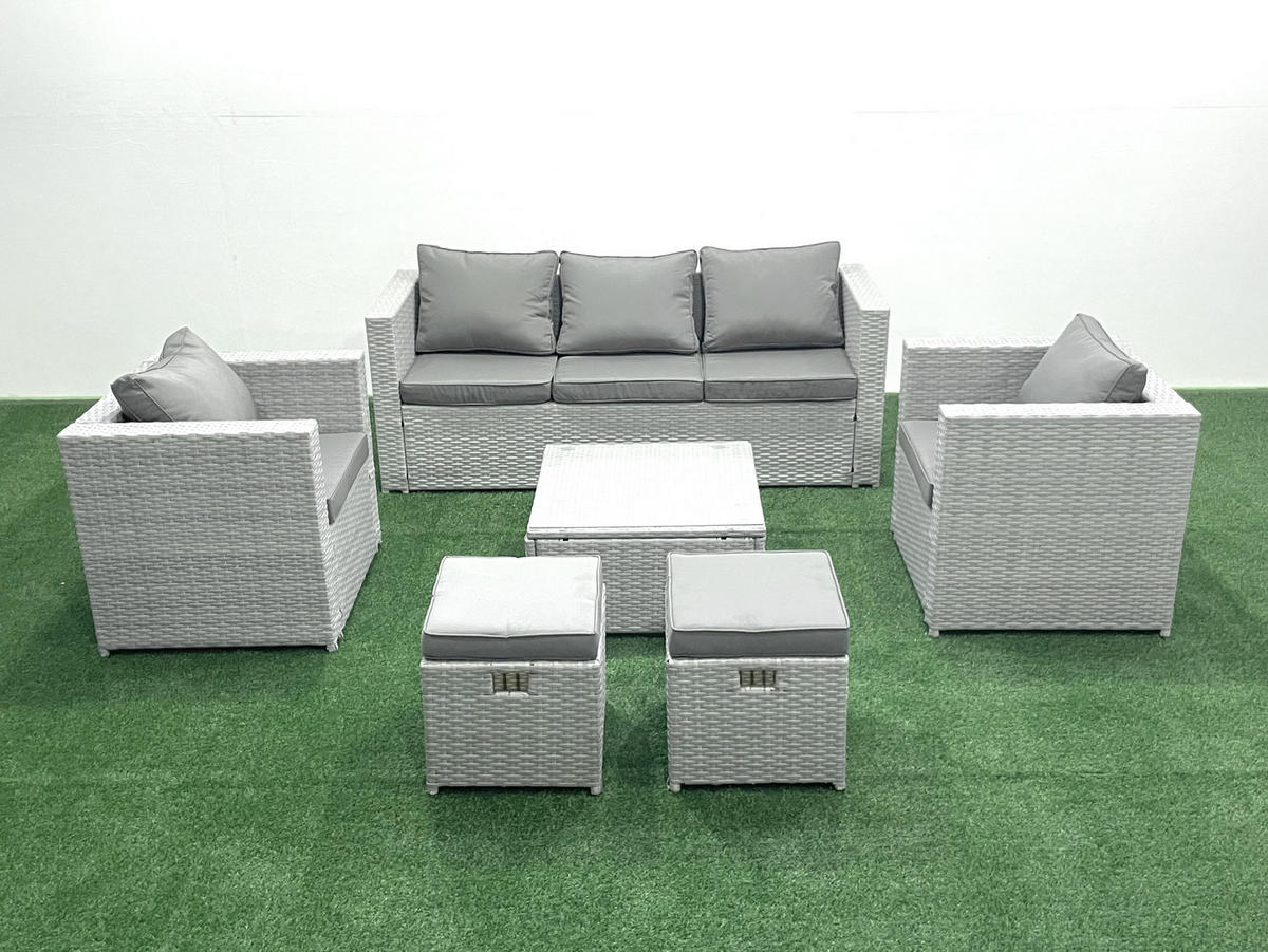 GARTENMÖBEL-SET mit Kissen Polyrattan Hellgrau-Mix 7-Sitzer - Hellgrau/Grau, Glas/Kunststoff - Fimous