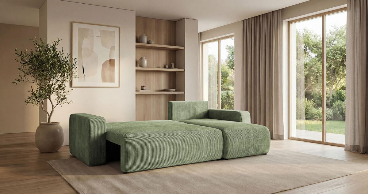 ROHOVÁ pohovka PARIS pravá světle zelená manšestr Poso 47 - funkce spaní, úložný prostor - světle zelená, textil (255/149cm) - Cornero