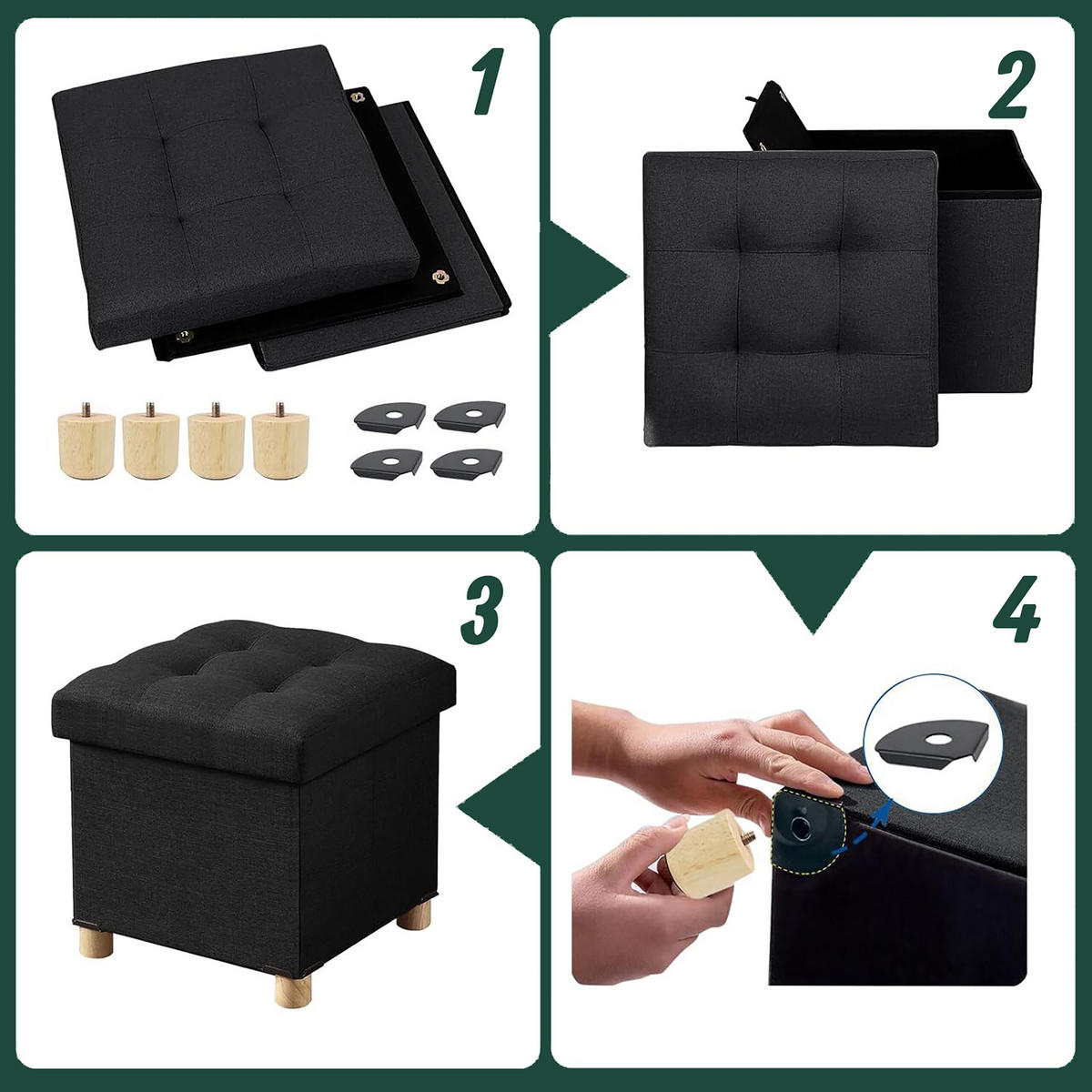 HOCKER - Schwarz, Holzwerkstoff/Textil (38/38/38cm) - Relaxdays