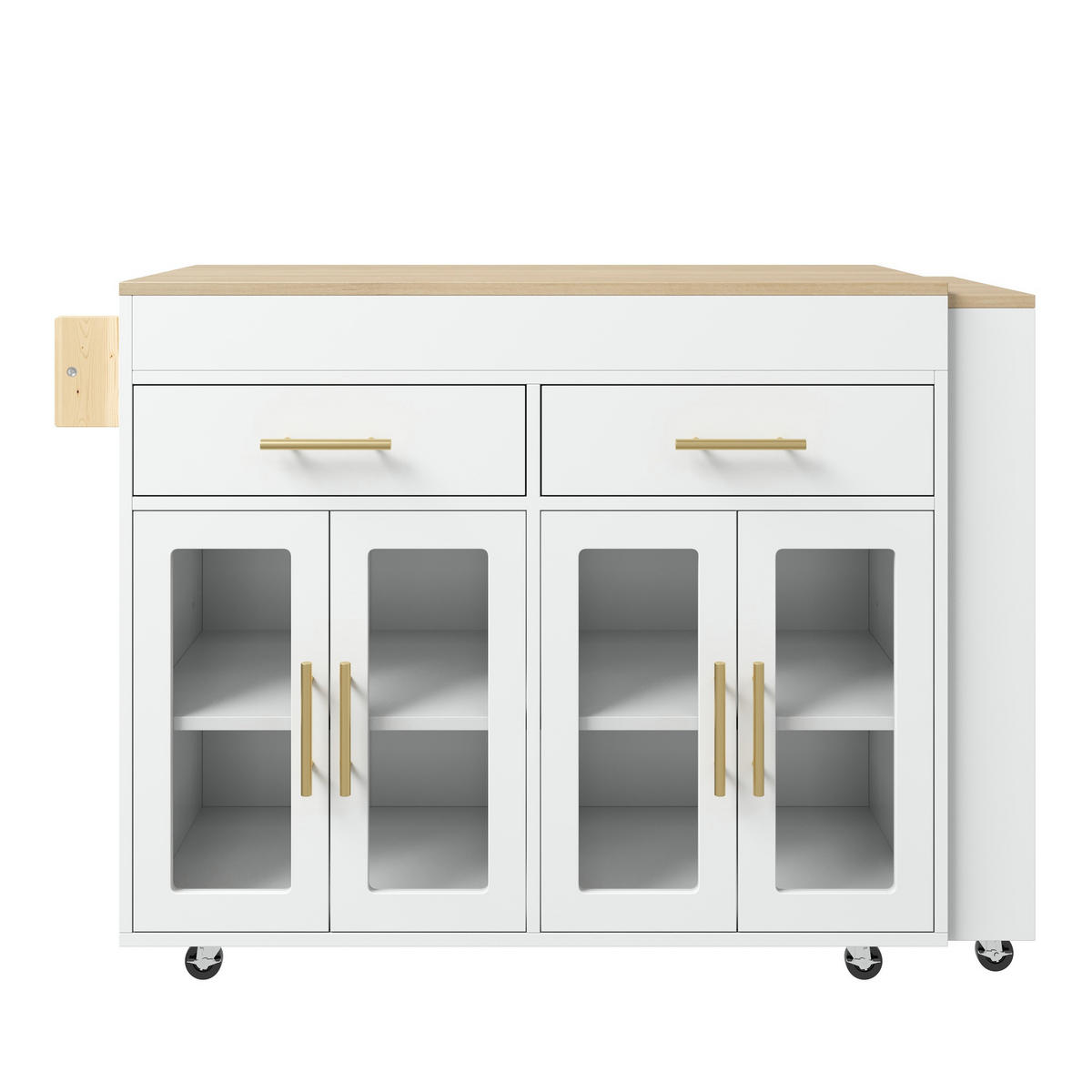 KÜCHENINSEL in Weiß und Naturfarben mit Rollen und ausziehbarer Tischplatte für Esszimmer, B132,5-217/T50/H93 cm - Weiß, Holzwerkstoff/Metall (217/93/50cm) - STILVORA