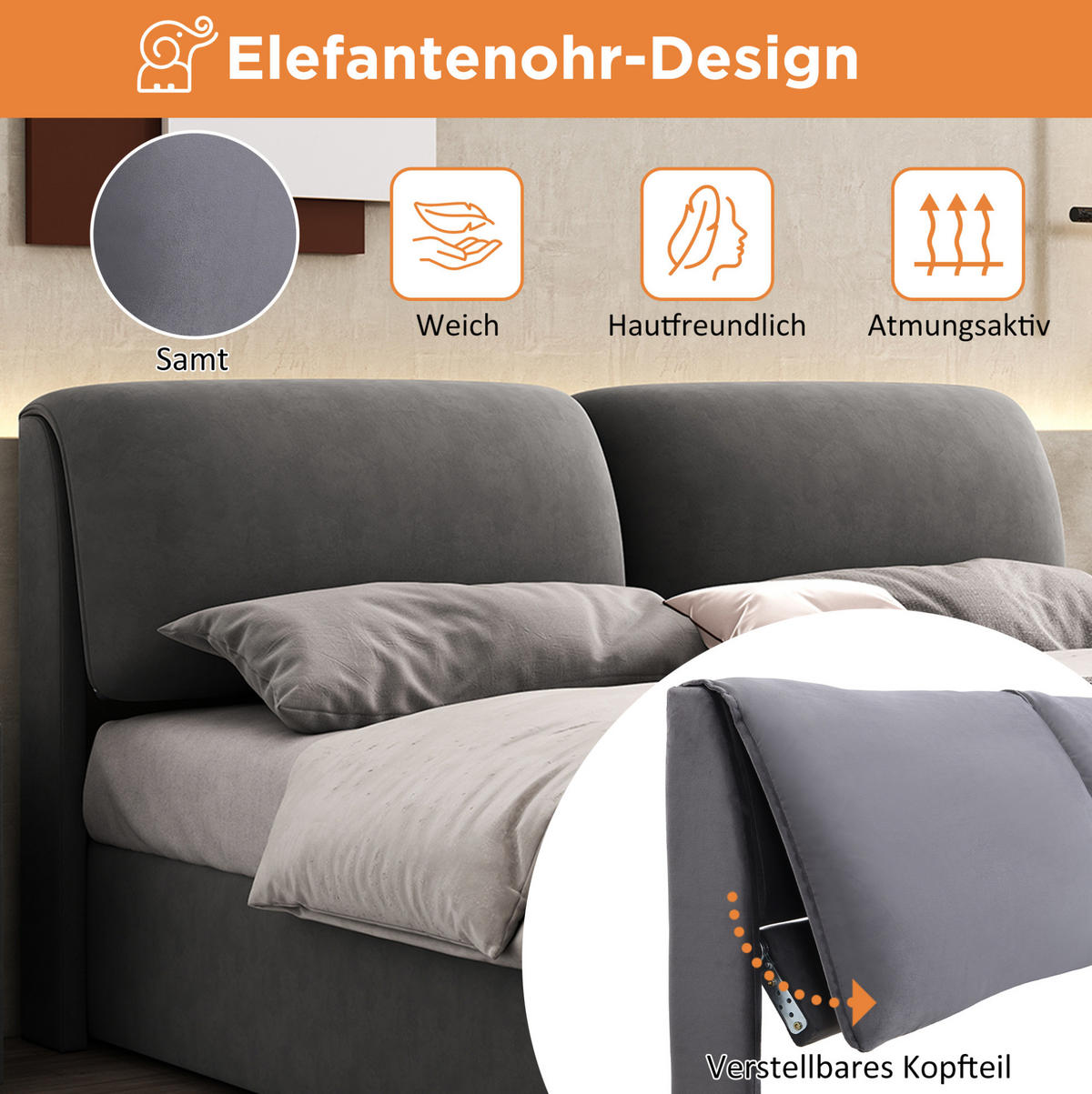 POLSTERBETT 140/190 cm aus Samt mit hydraulischem Stauraum und 3 Schubladen Beige - Beige, Textil (140/190cm) - Modenvie