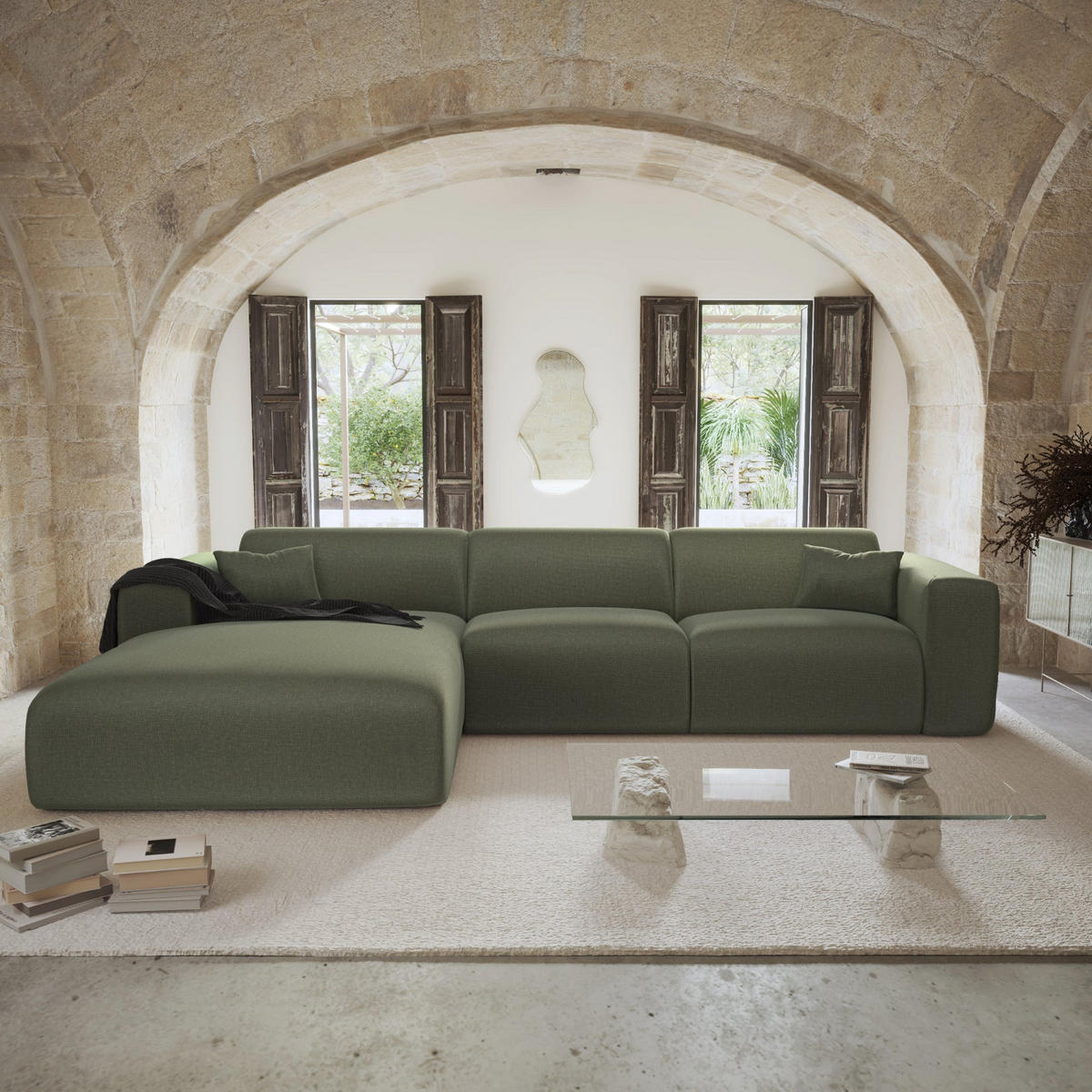 ECKSOFA LINKS SCHLAFSOFA Rastergewebe Olivgrün 280cm - Olivgrün/Grün, Textil (165/280cm) - Sia Home