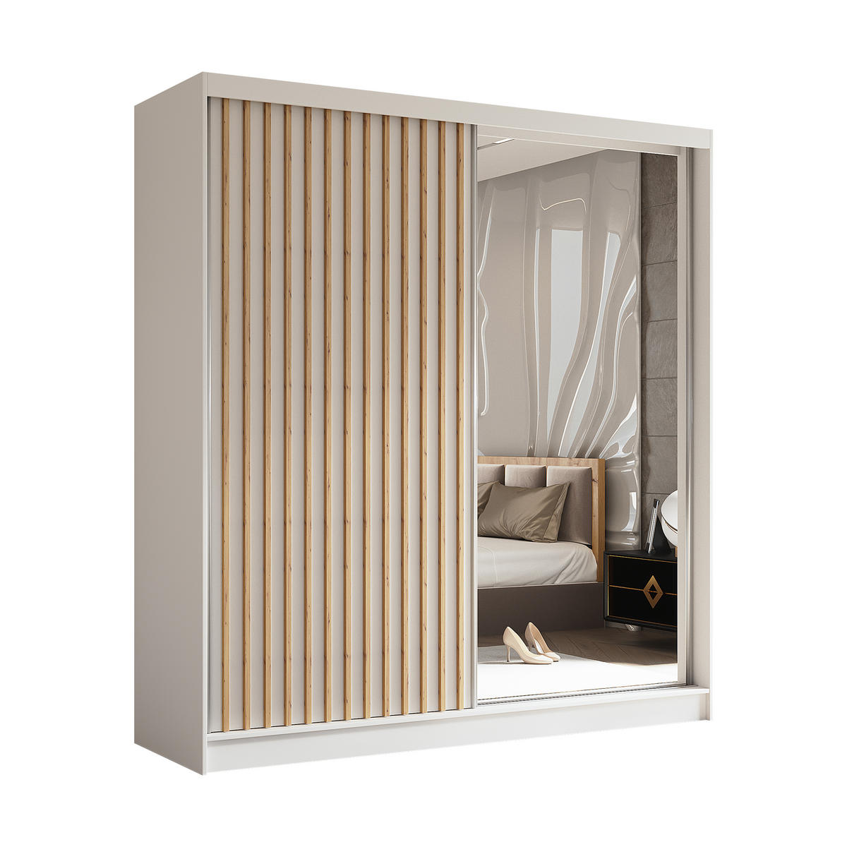 SCHWEBETÜRENSCHRANK Cabinio Weiß Eiche Artisan 200/216/61 cm – mit Spiegel und Lamellen - Walnussfarben/Weiß, Holzwerkstoff/Kunststoff (200/216/61cm) - AX Living