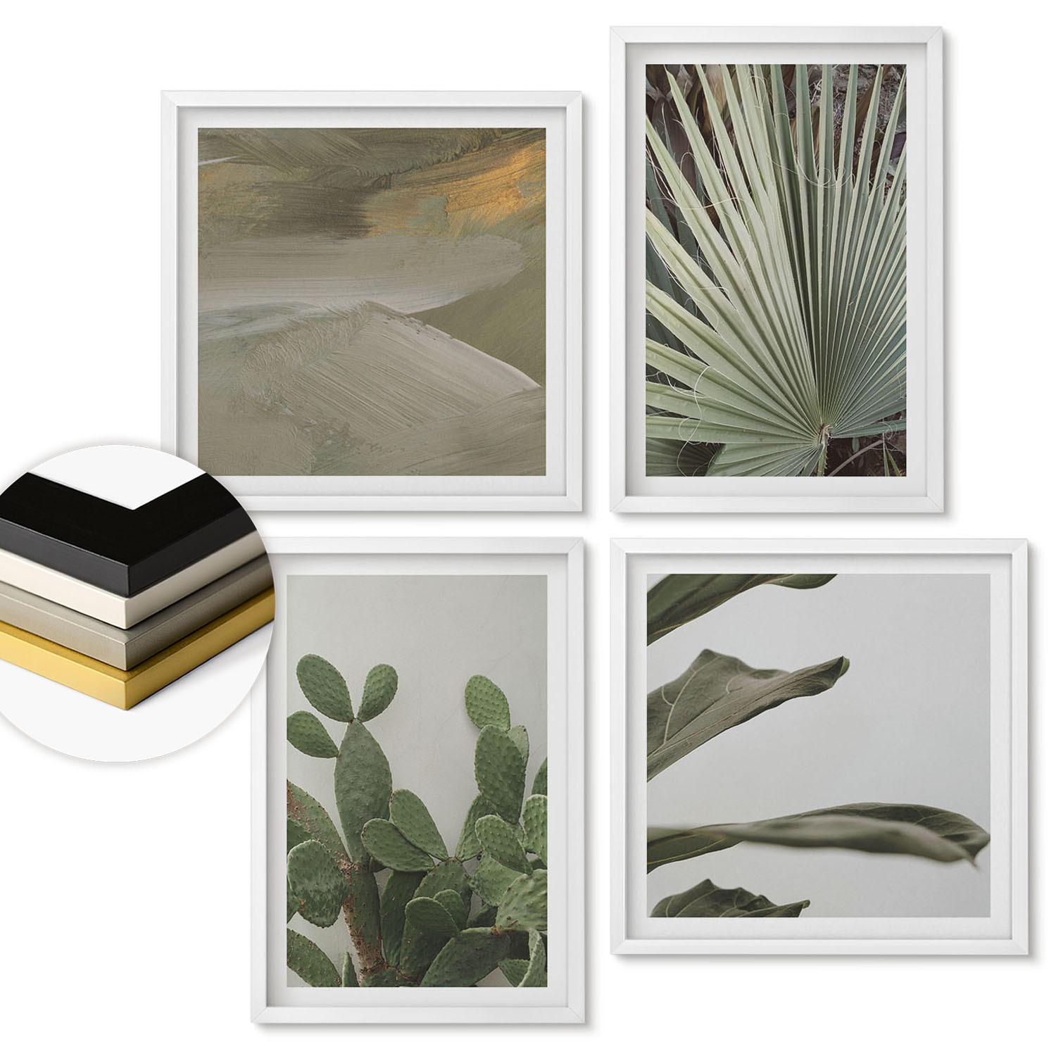 WANDBILDER 4er-Set - 50x50 cm & 40x60 cm Weißer Rahmen - Blätter tropischer Pflanzen in Pastellfarben - Weiß, Kunststoff (50/50cm) - ArtPrintCave