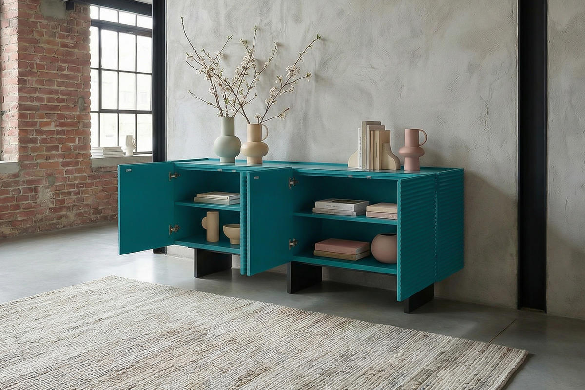 SIDEBOARD LYNN Blau Holz - Blau/Schwarz, Holzwerkstoff/Metall (180/75/40cm) - KAWOLA