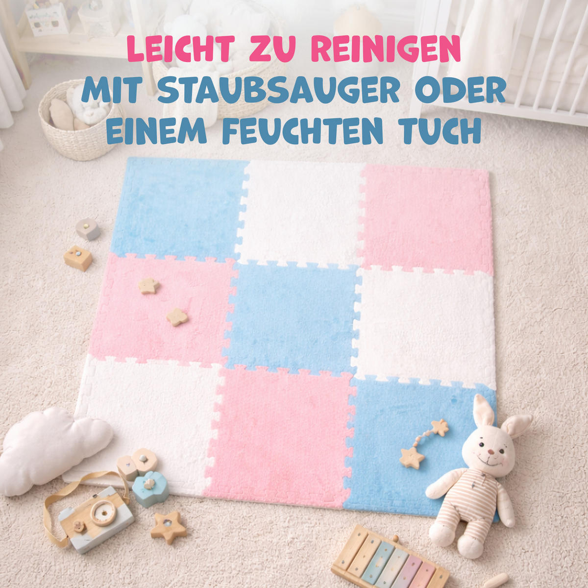 PUZZLETEPPICH für Kinderzimmer 30x30x1cm ( 18 Stück ) - Weiß/Rosa, Kunststoff (30/30cm) - Bestlivings