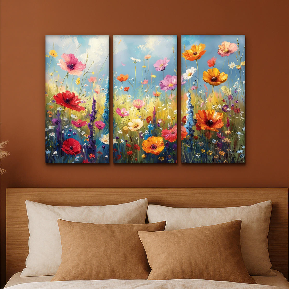 LEINWANDBILD 3er Set Blumen - Frühling - Farbenfroh - Sommerlich 90x60 cm - Orange, Textil (90/60cm) - MuchoWow