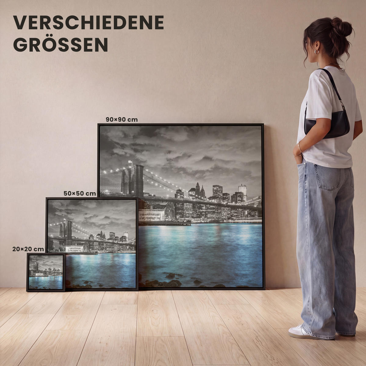 LEINWAND Bilder mit Rahmen - New York - Skyline - Stadt - Blau - 50x50 - Blaugrau, Textil (50/50cm) - MuchoWow