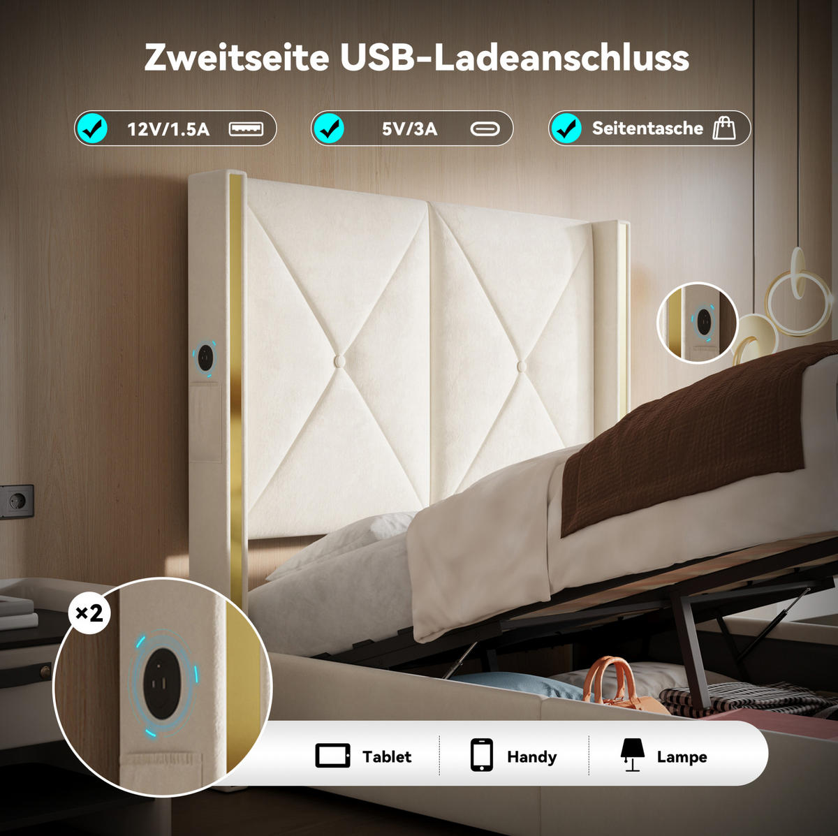 POLSTERBETT 90x200 cm in Beige mit Stauraum, LED und USB-/Type-C-Anschlüssen - Beige, Textil (90/200cm) - IVMEU