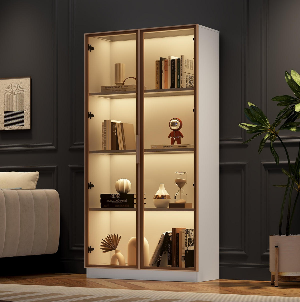 GLASVITRINE aus Spanplatte 80x40x160 cm Weiß mit braunen Glastüren, LED-Beleuchtung und verstellbaren Einlegeböden - Weiß, Holzwerkstoff (80/160/40cm) - IVMEU