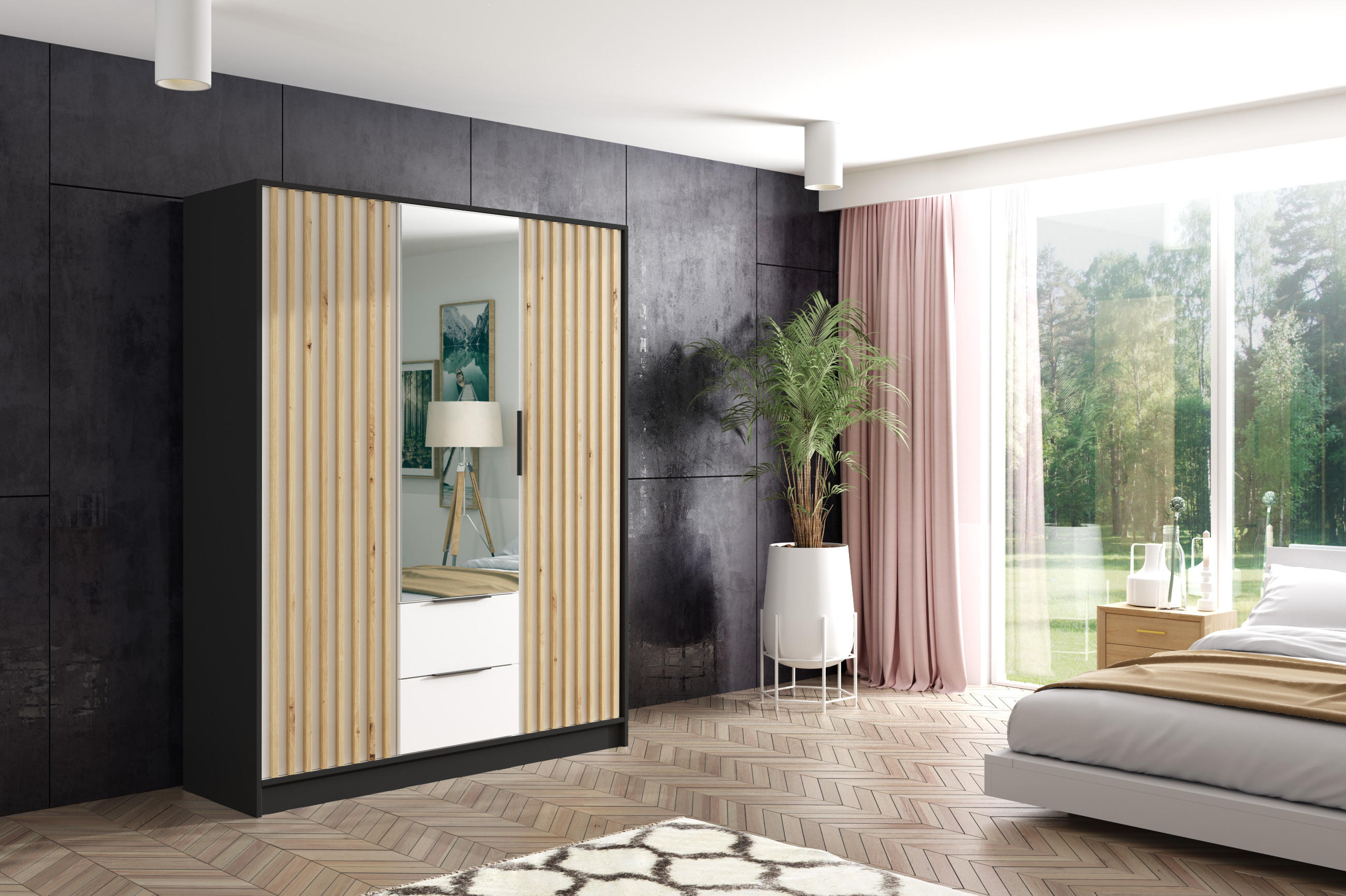 KLEIDERSCHRANK NERA - 150 cm - Schwarz|Weiß|Eiche Artisan - Schwarz/Weiß, Holzwerkstoff (150/200/51cm) - ALTDECOR