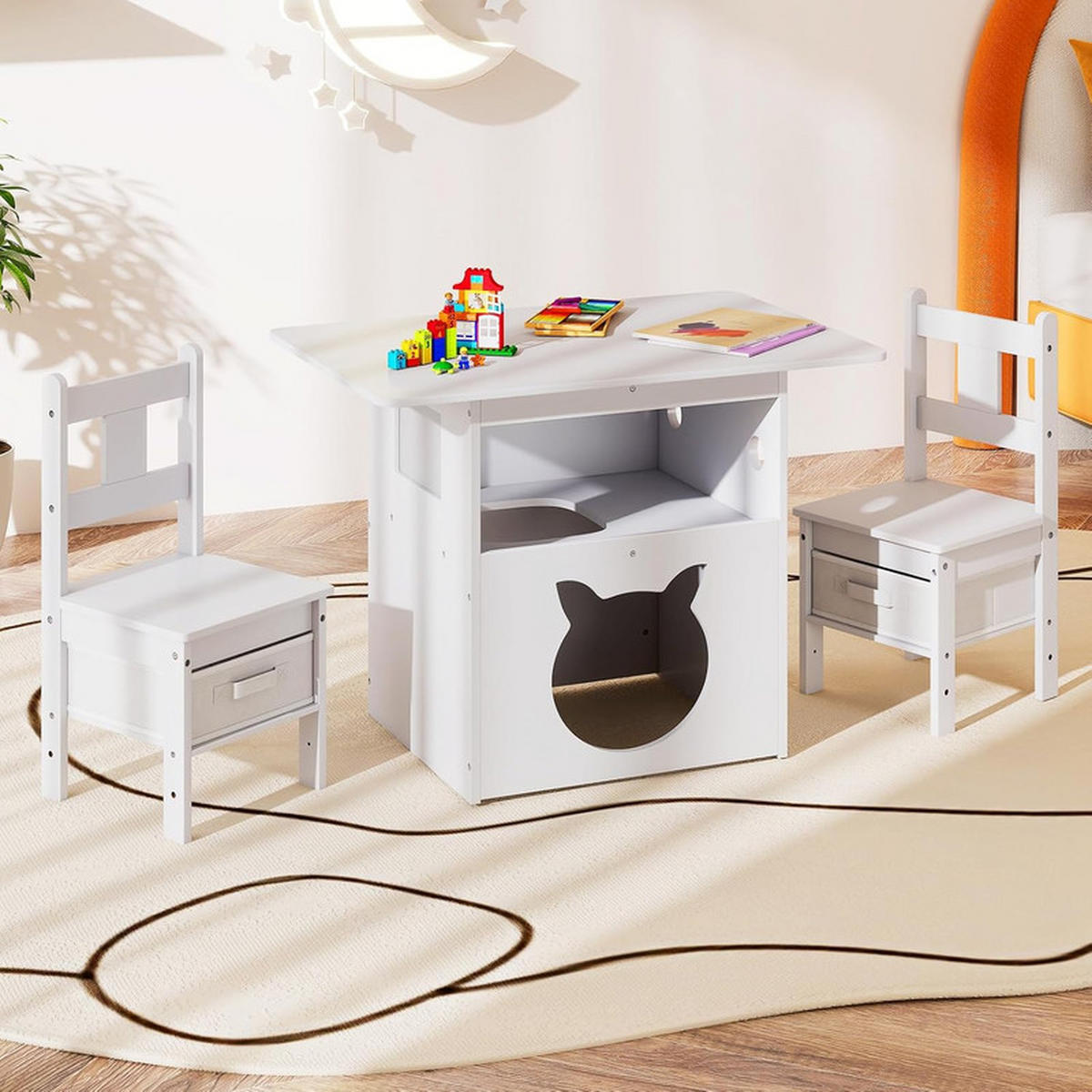 KINDERTISCH mit stuhl weiß(3-tlg) - Weiß, Holzwerkstoff (80/59/52cm) - COSTWAY