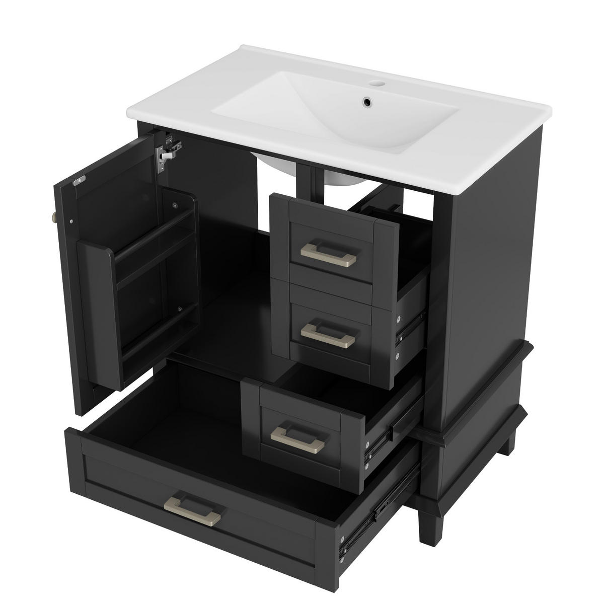 WASCHTISCHKOMBI 73x45.5x83.5 cm Schwarz aus Keramik, Spanplatte & Kiefernholz mit Schubladen - Schwarz, Holzwerkstoff (73/83.5/45.5cm) - Modfu