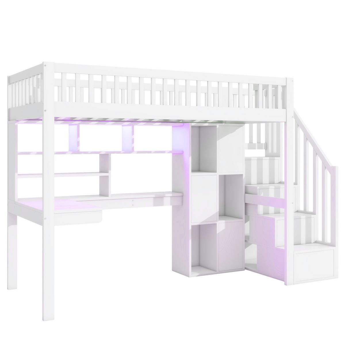 HOCHBETT 90/200 cm, Weiß mit Schreibtisch, LED, Ablageleiter, ohne Matratze - Weiß, Holz (90/200cm) - MIVRAY