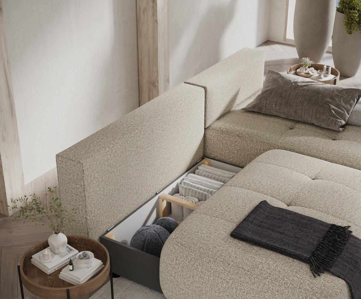 ECKSOFA MIT SCHLAFFUNKTION Batu Beige Plüschstoff - Beige/Schwarz, Holz/Holzwerkstoff (223/158cm) - Maison de Reve