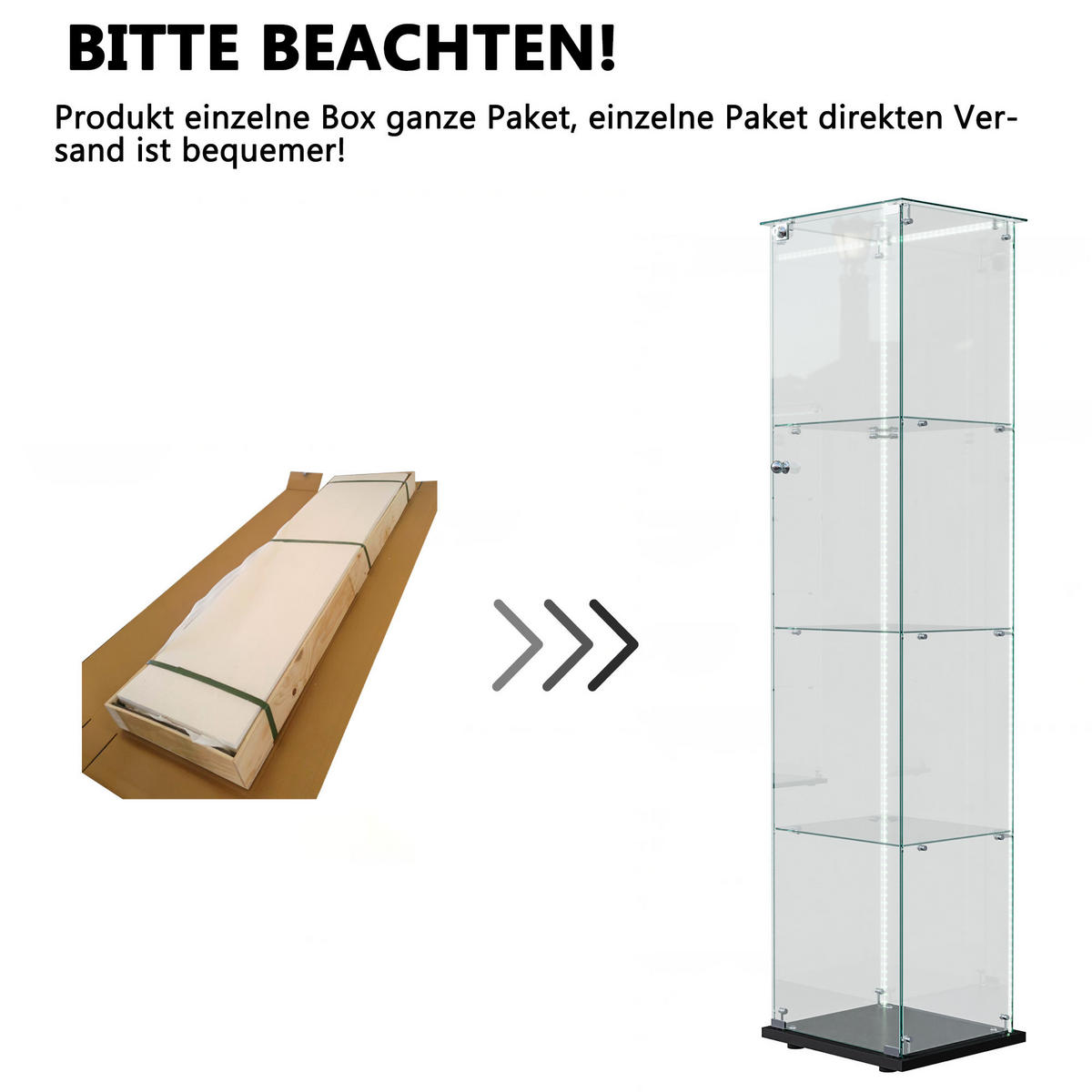 GLASVITRINE mit 4 Ablagen, LED-Lichtleiste, Doppeltüren, Schwarz - Schwarz, Glas (39.8/163/35cm) - BRILVERDE