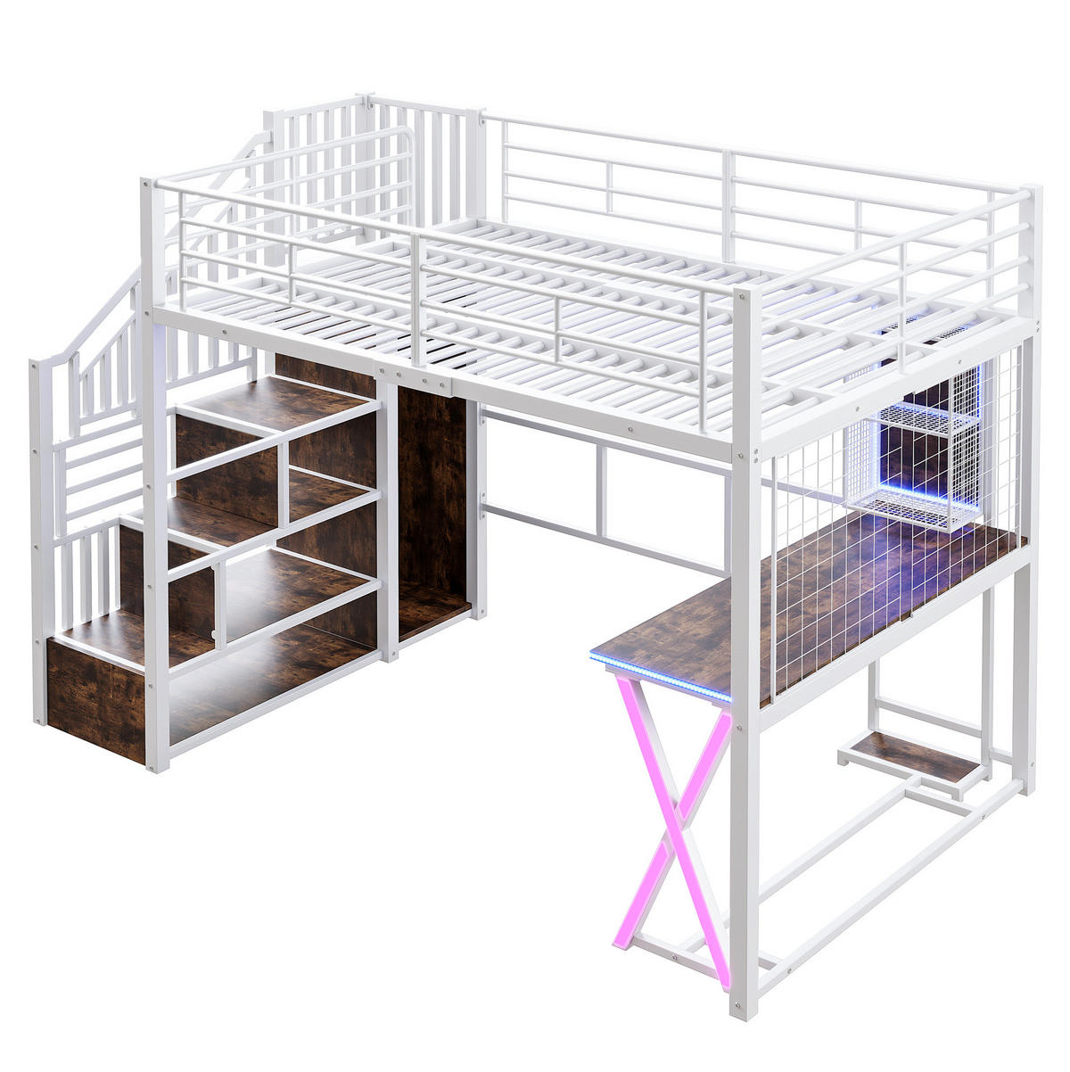 HOCHBETT 140/200 cm Weiß mit LED-Beleuchtung, Schreibtisch und Kleiderschrank - Weiß, Metall (140/200cm) - Flora Grace