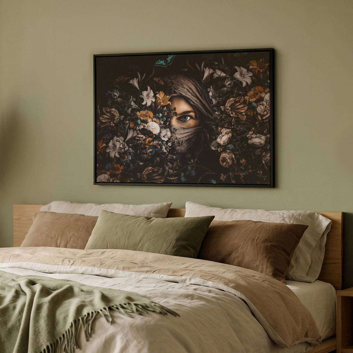LEINWAND Bilder mit Rahmen - Frau - Luxus - Blumen - Schmetterling - Porträt - 70x50 - Schwarz, Textil (70/50cm) - MuchoWow