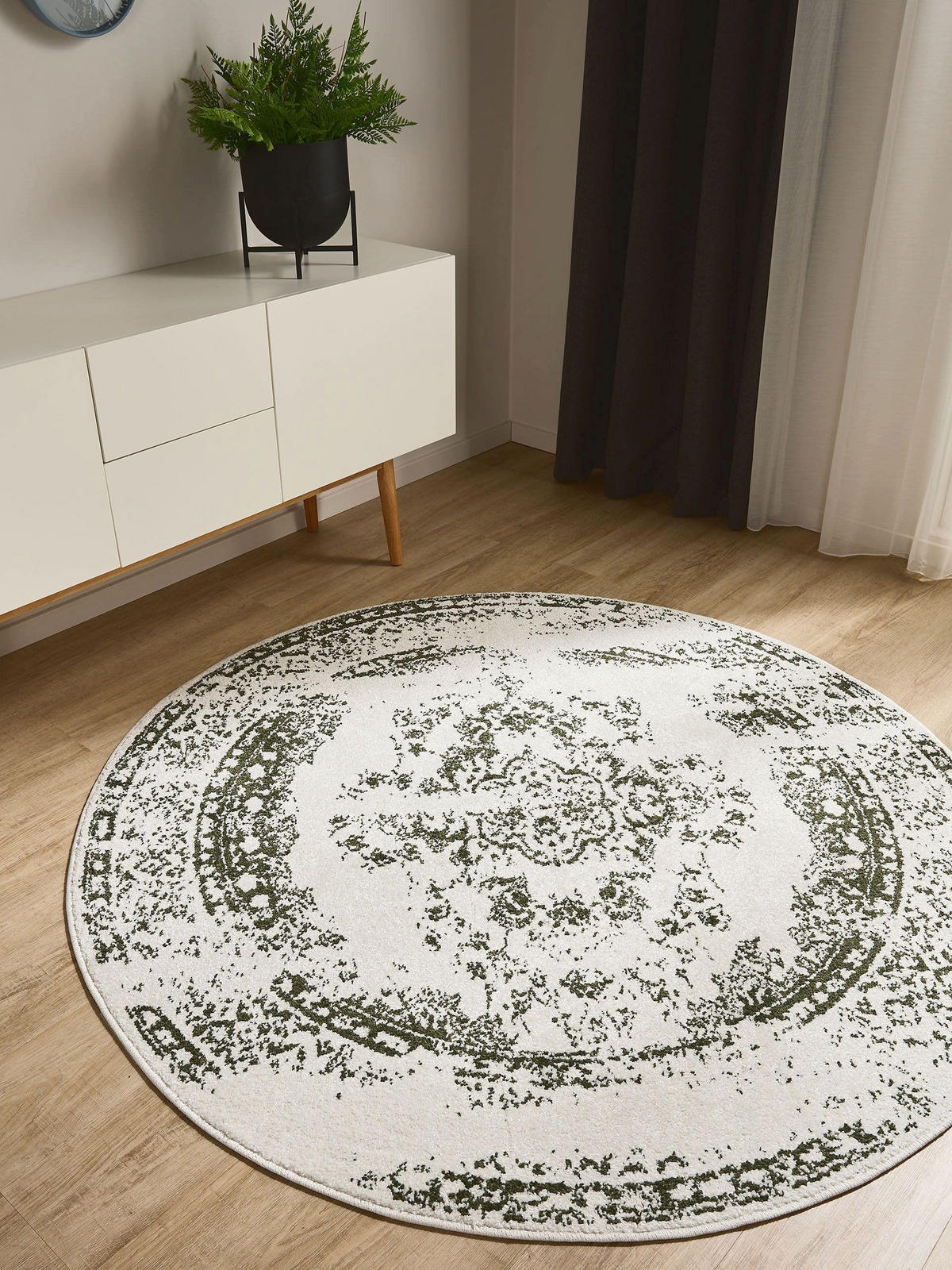 VINTAGE-TEPPICH Sia ø 120 cm rund - Creme/Grün, Kunststoff (120/120cm) - benuta