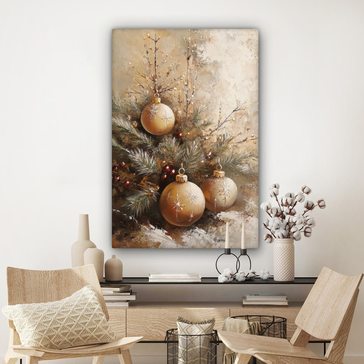 LEINWANDBILD Weihnachten - Kugeln - Beige - Gold Deko XXL 80x120 cm - Goldfarben, Textil (80/120cm) - MuchoWow