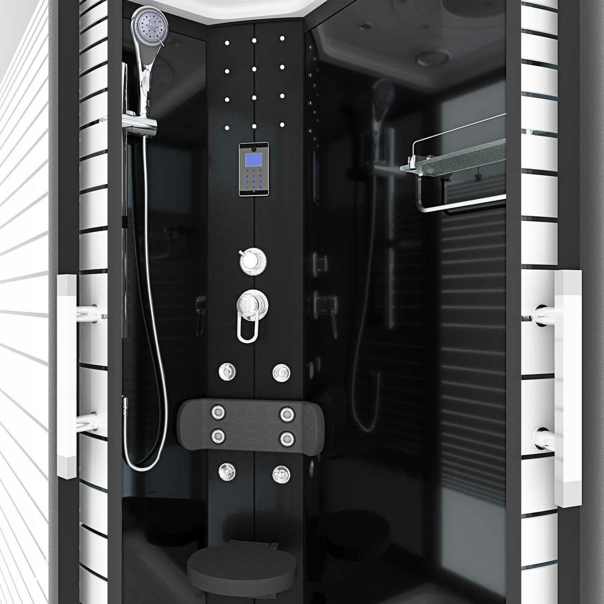 DUSCHE Duschkabine D30-73M0R-EC Schwarz 80x120 MIT 2K Scheiben Versiegelung - Schwarz, Glas/Kunststoff (80/120/215cm) - AcquaVapore by Sandra Jentho