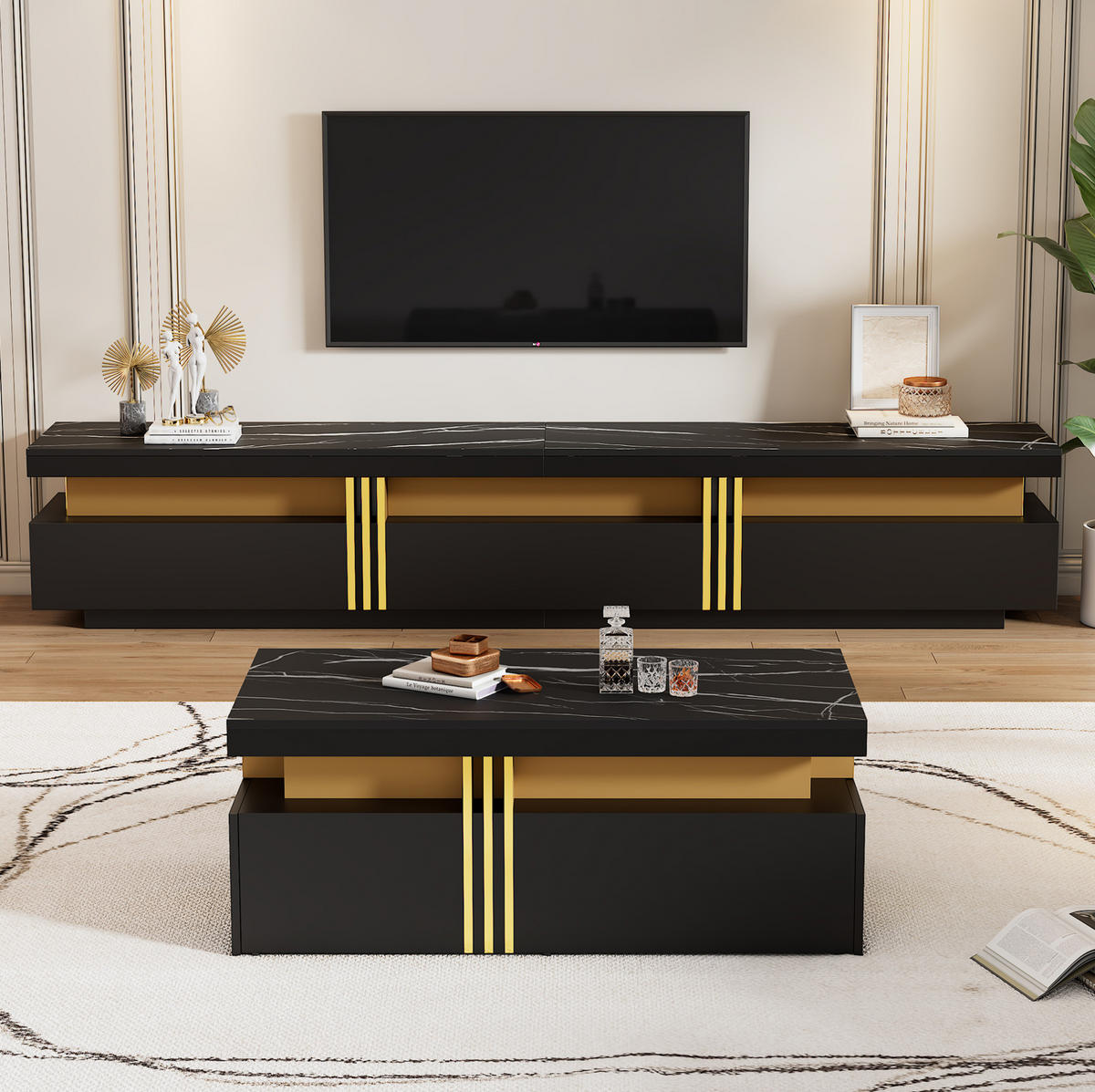 TV-MÖBEL-SET mit TV-Schrank 200/40/42 cm und Couchtisch 100/50/40 cm, Schubladen und Marmor-Optik, Schwarz - Schwarz, Holzwerkstoff (100/40/50cm) - Redom