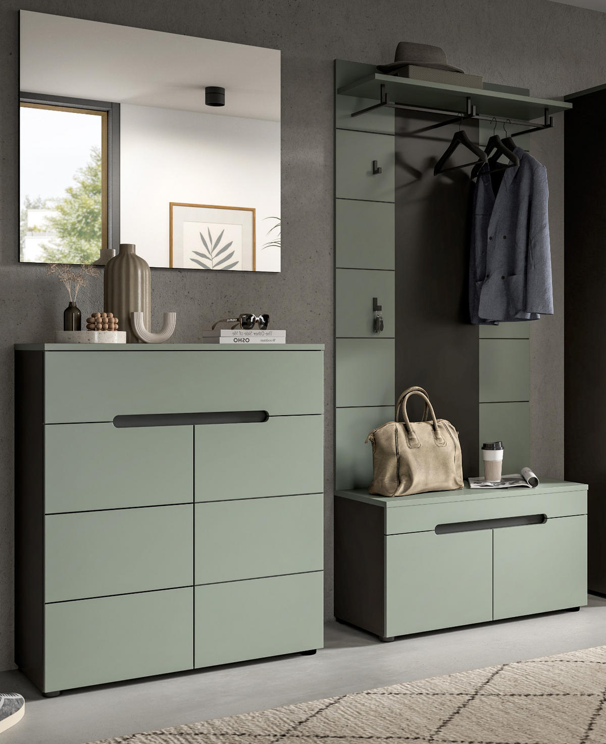 GARDEROBE-SET Salbei und Grau, Garderobe 4-teilig, 175 x 190 cm, Soft-Close, Cooper - Salbeigrün/Dunkelgrau, Holzwerkstoff/Kunststoff (175/190/37cm) - Inn.Furn