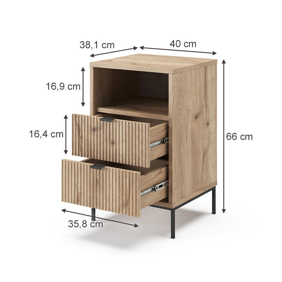 NACHTTISCH Eliza, Viking Oak/Schwarz, 40 x 66 cm mit 2 Schubladen & 1 Fach - Eichefarben/Schwarz, Holzwerkstoff (40/66/38.1cm) - Vicco