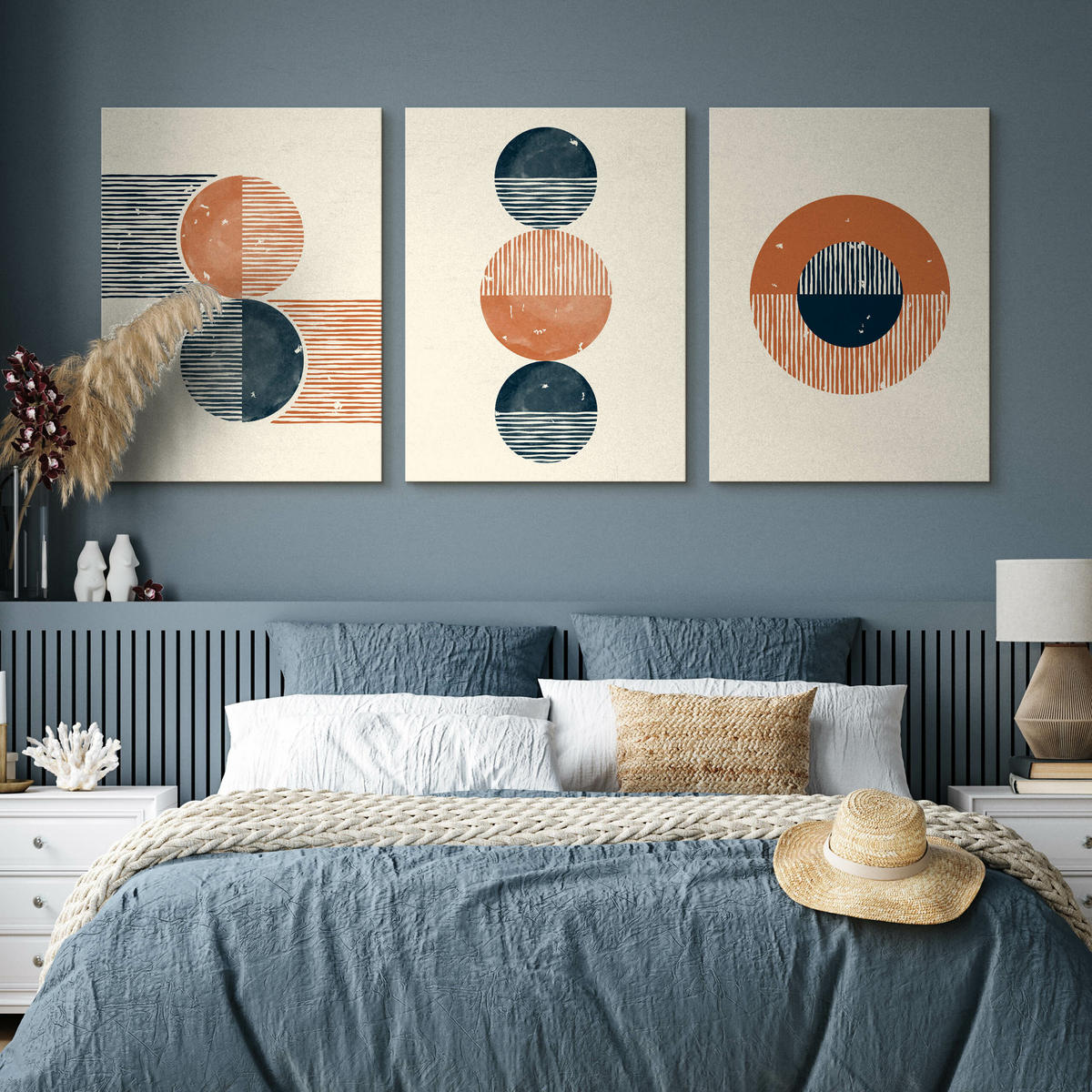 LEINWANDBILDER 3-er Set Abstraktion Boho - Türkis/Blau, Textil (90/40cm) - Muralo