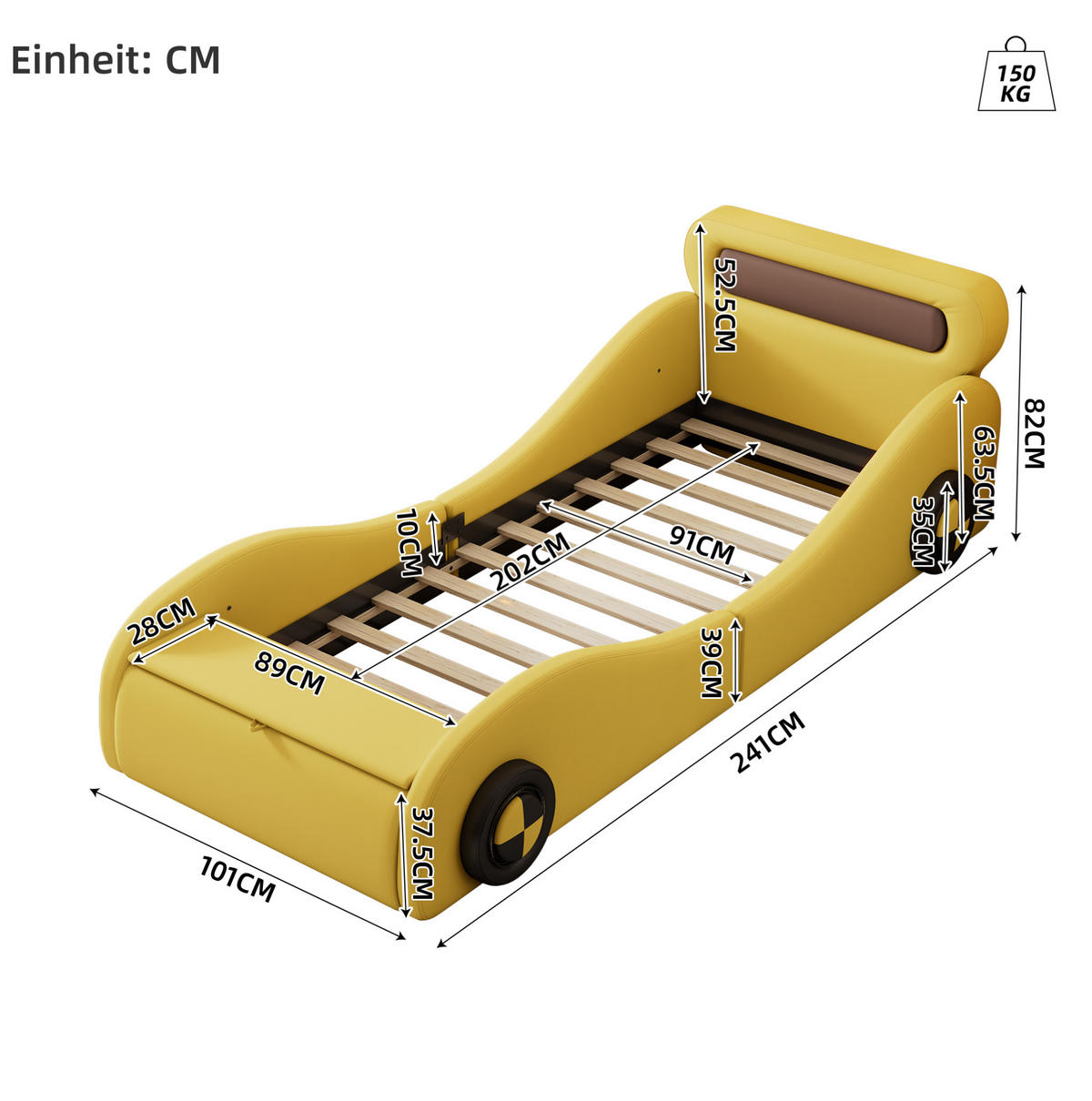 POLSTERBETT 90/200 cm gelb aus PU mit LED-Rädern und Stauraum - Gelb, Kunststoff (90/200cm) - OKWISH