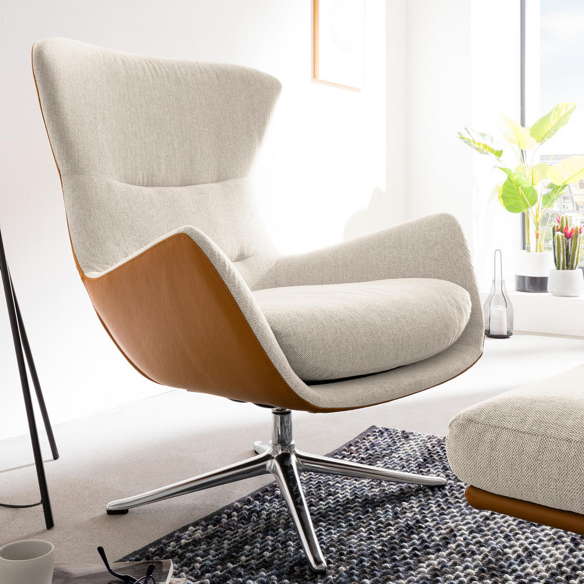 SESSEL mit Kreuzfuß - Chromfarben/Cognac, Leder/Textil (84/99/96cm) - home24