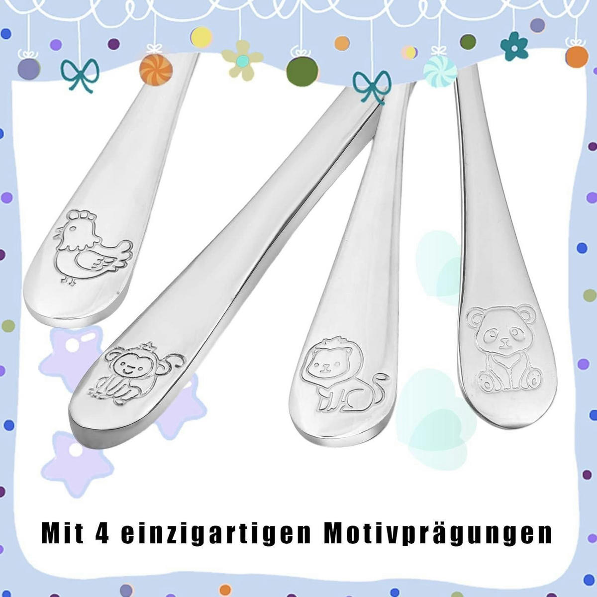 KINDERBESTECK Set 4-teilig Edelstahl Tiere ab 3 Jahre Spülmaschinengeeignet - Silberfarben, Metall
