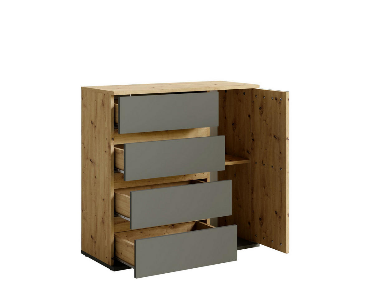 KOMMODE DALIA 80/79,7/34cm mit 4 Schubladen 1 Türen Eiche Artisan - Graphitfarben/Eiche Artisan, Holzwerkstoff (80/79.7/34cm) - MASSENO