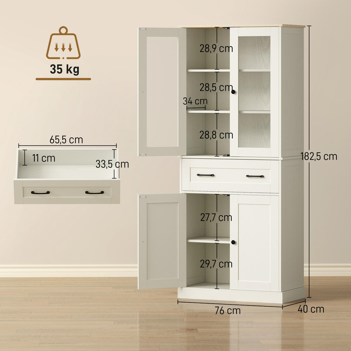 KÜCHENSCHRANK MDF Cremeweiß - Creme/Schwarz, Holzwerkstoff/Metall (40/182.5/76cm) - HOMCOM