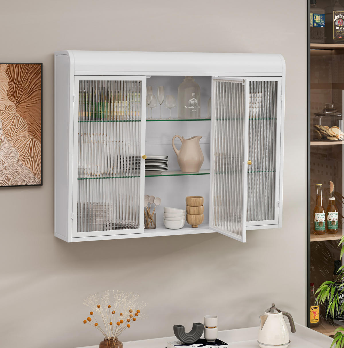 KÜCHENOBERSCHRANK mit Glasfront in Weiß, 3 Türen – wandmontiert - Weiß, Glas (90/70/19.5cm) - BEAOK